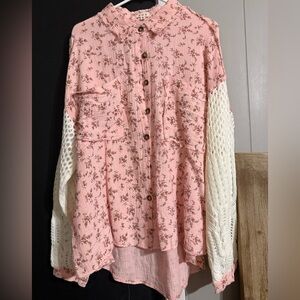 POL Pink Floral Top with Knit Accents